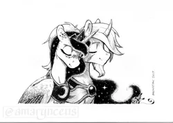 Size: 1050x750 | Tagged: safe, artist:amarynceus, deleted from derpibooru, derpibooru import, princess luna, oc, oc:azure night, alicorn, pony, unicorn, azuna, canon x oc, grayscale, ink drawing, monochrome, simple background, traditional art, white background