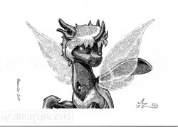 Size: 1050x750 | Tagged: artist:amarynceus, changeling, derpibooru import, grayscale, ink drawing, monochrome, oc, oc:cognito, safe, simple background, solo, traditional art, white background