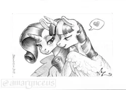 Size: 1050x750 | Tagged: safe, artist:amarynceus, deleted from derpibooru, derpibooru import, rarity, twilight sparkle, twilight sparkle (alicorn), alicorn, pony, unicorn, female, grayscale, heart, lesbian, mare, monochrome, pencil drawing, rarilight, shipping, simple background, speech bubble, traditional art, white background