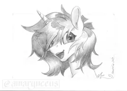 Size: 1050x750 | Tagged: safe, artist:amarynceus, deleted from derpibooru, derpibooru import, oc, unofficial characters only, pony, unicorn, bust, grayscale, monochrome, pencil drawing, simple background, solo, traditional art, white background