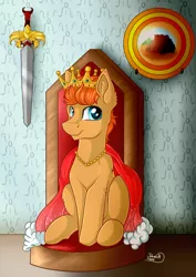 Size: 2893x4092 | Tagged: safe, artist:julunis14, derpibooru import, oc, oc:ember, unofficial characters only, earth pony, pony, clothes, coat, crown, jewelry, male, regalia, shield, solo, sword, throne, vulcan, weapon