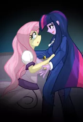 Size: 1300x1900 | Tagged: safe, artist:geraritydevillefort, derpibooru import, fluttershy, twilight sparkle, human, equestria girls, broadway, clothes, comforting, crossover, crying, dress, everyday a little death, mondego, monsparkle, musical, open mouth, pants, shycedes, suit, the count of monte cristo
