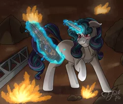 Size: 3300x2800 | Tagged: safe, artist:jack-pie, derpibooru import, oc, oc:fernando, pony, unicorn, commission, fire, gun, high res, levitation, magic, male, raised hoof, signature, solo, telekinesis, weapon