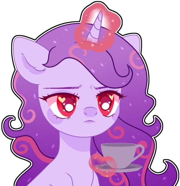 Size: 2960x3048 | Tagged: safe, artist:kurosawakuro, derpibooru import, oc, oc:affinity heart, pony, unicorn, base used, bust, colored pupils, cup, heart eyes, magic, portrait, simple background, solo, teacup, transparent background, wingding eyes