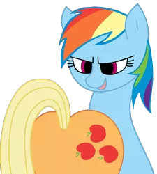 Size: 848x942 | Tagged: artist needed, suggestive, derpibooru import, editor:rozyfly10, applejack, rainbow dash, earth pony, pegasus, apple, applebutt, appledash, ass up, butt, eyes on the prize, female, females only, food, lesbian, looking at her butt, plot, shipping, simple background, tail, transparent background