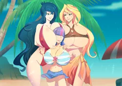 Size: 1400x988 | Tagged: suggestive, artist:bakki, derpibooru import, princess luna, sunset shimmer, twilight sparkle, human, equestria girls, beach, big breasts, bikini, breast expansion, breasts, busty princess luna, busty sunset shimmer, busty twilight sparkle, clothes, commission, erect nipples, female, growth, huge breasts, human coloration, impossibly large breasts, lesbian, nipple outline, shipping, size difference, sunsetsparkle, swimsuit, underboob, vice principal luna
