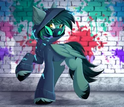 Size: 3233x2797 | Tagged: safe, artist:airiniblock, derpibooru import, oc, oc:target strike, unofficial characters only, pegasus, pony, clothes, cloven hooves, commission, gas mask, graffiti, high res, hoodie, male, mask, raised hoof, solo