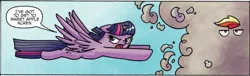 Size: 850x257 | Tagged: safe, artist:agnesgarbowska, derpibooru import, idw, rainbow dash, twilight sparkle, twilight sparkle (alicorn), alicorn, pony, spoiler:comic, spoiler:comic30, comic, cropped, duo, dust, female, flying, mare, official comic, speech bubble