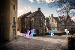 Size: 1500x1000 | Tagged: safe, artist:caliazian, artist:dashiesparkle, derpibooru import, derpy hooves, starlight glimmer, trixie, vinyl scratch, pegasus, pony, unicorn, edinburgh, female, house, irl, photo, ponies in real life, united kingdom