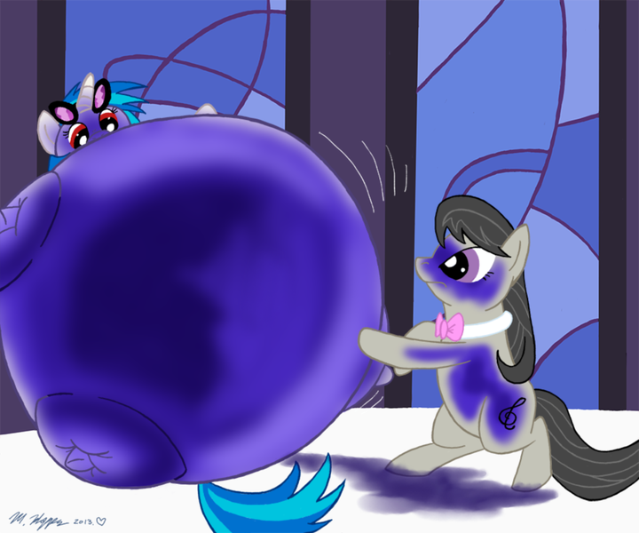 Size: 975x813 | Tagged: safe, artist:necrofeline, derpibooru import, part of a set, octavia melody, vinyl scratch, earth pony, pony, unicorn, belly, big belly, blueberry inflation, bowtie, commission, contagion, duo, duo female, female, huge belly, impossibly large belly, inflation, juice, part of a series, pushing, red eyes, round belly, sequence, sunglasses