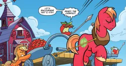 Size: 935x494 | Tagged: safe, artist:tonyfleecs, derpibooru import, idw, applejack, big macintosh, mustachioed apple, earth pony, pony, night of the living apples, spoiler:comic, spoiler:comic32, apple, catapult, cropped, enslaved, eyes closed, facial hair, female, food, living apple, male, mare, moustache, official comic, open mouth, spear, speech bubble, stallion, sweet apple acres, weapon