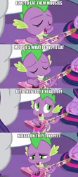 Size: 500x1123 | Tagged: safe, derpibooru import, edit, edited screencap, screencap, rarity, spike, twilight sparkle, twilight sparkle (alicorn), alicorn, dragon, unicorn, best gift ever, caption, guitar, i'm not gifted at gifting, image macro, imgflip, musical instrument, parody, playing guitar, playing instrument, singing, song, text