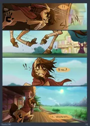 Size: 1500x2100 | Tagged: safe, artist:bootsdotexe, derpibooru import, oc, oc:featherfall, unofficial characters only, earth pony, pony, comic:beyond our borders, comic, face paint, head wrap, headbutt, leg wrapping, male, mountain, ponyville train station, realistic horse legs, solo, stallion, tail wrap, train tracks, unshorn fetlocks