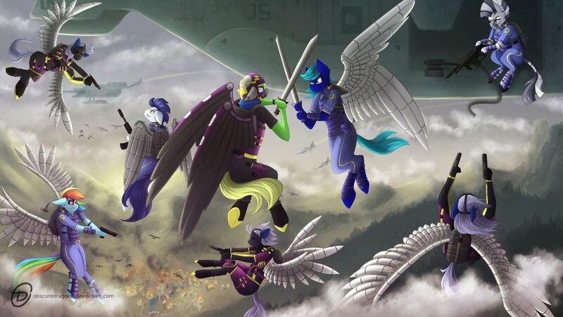 Size: 1024x576 | Tagged: anthro, artificial wings, artist:obscuredragone, augmented, battlefield, burning, cloud, derpibooru import, f16, mechanical wing, metal wing, mountain, oc, oc:realfeeler, plane, ponyville, rainbow dash, safe, sky, sundown, sword, unnamed oc, v-22 osprey, vehicle, view, weapon, wings, zebra, zebra oc