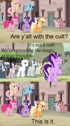 Size: 569x1022 | Tagged: safe, derpibooru import, edit, edited screencap, screencap, applejack, double diamond, fluttershy, night glider, party favor, pinkie pie, rainbow dash, rarity, starlight glimmer, sugar belle, twilight sparkle, twilight sparkle (alicorn), alicorn, earth pony, pegasus, pony, unicorn, the cutie map, cult, equal cutie mark, king of the hill, our town