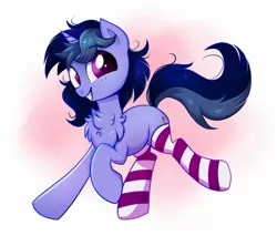 Size: 1916x1634 | Tagged: safe, artist:confetticakez, derpibooru import, oc, oc:purple flix, unofficial characters only, unicorn, abstract background, blushing, chest fluff, clothes, cute, male, ocbetes, running, socks, solo, stallion, striped socks, thigh highs