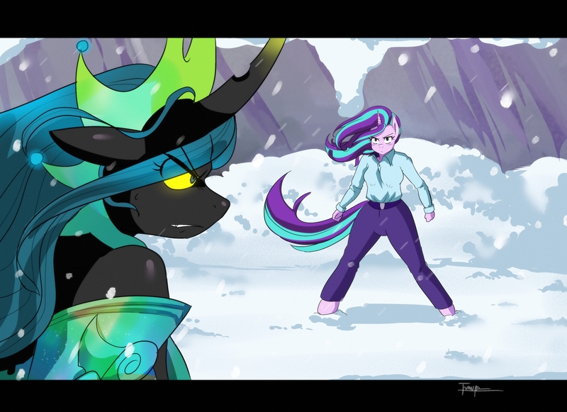 Size: 3220x2337 | Tagged: safe, artist:traupa, derpibooru import, queen chrysalis, starlight glimmer, anthro, changeling, changeling queen, unguligrade anthro, unicorn, the ending of the end, female, fight, scene interpretation, snow, ultimate chrysalis