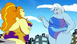 Size: 4408x2550 | Tagged: suggestive, artist:caseyljones, derpibooru import, adagio dazzle, trixie, equestria girls, adagio wobble, bbw, breasts, city, clothes, commission, duo, duo female, fat, fat boobs, female, giantess, high res, huge, macro, obese, one-piece swimsuit, pointing, ssbbw, swimsuit, the great and bountiful trixie