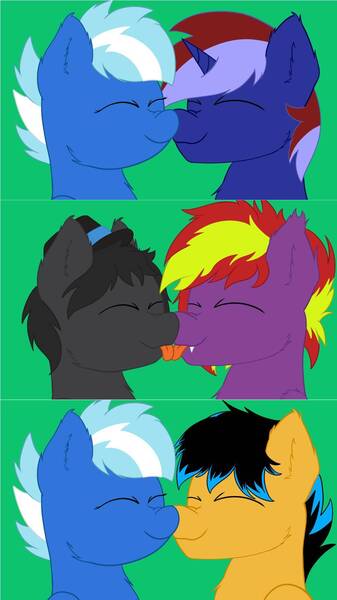 Size: 960x1708 | Tagged: safe, artist:exobass, derpibooru import, oc, oc:anny tr3e, oc:darkpanties, oc:exobass, oc:grayhoof, oc:starbass, bat pony, pegasus, unicorn, :p, cute, eyes closed, fangs, nuzzles, tongue out