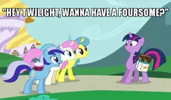 Size: 600x350 | Tagged: suggestive, derpibooru import, edit, edited screencap, screencap, lemon hearts, minuette, twilight sparkle, twinkleshine, pony, unicorn, amending fences, friendship is magic, bag, book, canterlot, caption, female, foursome, grin, group sex, image macro, lemonlight, lemonshine, lesbian, mare, meme, minuhearts, saddle bag, sex, shipping, smiling, subtle as a train wreck, text, twilight sparkle gets all the mares, twinklesparkle, twinklette, twinuette, unsure