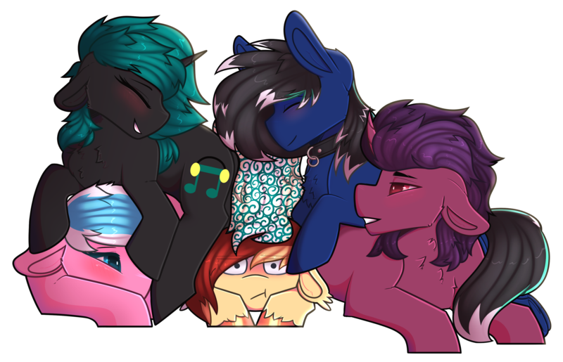 Size: 3357x2159 | Tagged: safe, artist:sailor, deleted from derpibooru, derpibooru import, oc, oc:chasing dawn, oc:livewire, oc:rubellite, oc:silver veil, oc:whirlytail, unofficial characters only, bat pony, pegasus, pony, unicorn, blushing, chest fluff, collar, commission, cuddle pile, cuddling, cutie mark, rule 63, simple background, transparent background