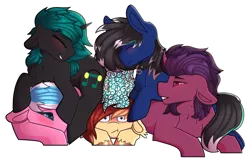 Size: 3357x2159 | Tagged: safe, artist:sailor, deleted from derpibooru, derpibooru import, oc, oc:chasing dawn, oc:livewire, oc:rubellite, oc:silver veil, oc:whirlytail, unofficial characters only, bat pony, pegasus, pony, unicorn, blushing, chest fluff, collar, commission, cuddle pile, cuddling, cutie mark, rule 63, simple background, transparent background