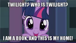 Size: 600x338 | Tagged: safe, derpibooru import, edit, edited screencap, screencap, twilight sparkle, twilight sparkle (alicorn), alicorn, pony, amending fences, book, bookhorse, caption, cute, grin, happy, image macro, library, looking at you, meme, open mouth, peeking, smiling, solo, text, that pony sure does love books, twiabetes