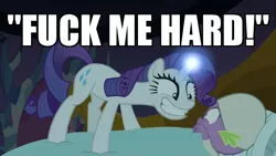 Size: 640x360 | Tagged: suggestive, derpibooru import, edit, edited screencap, screencap, rarity, spike, dragon, pony, unicorn, dragon dropped, caption, faic, female, fuck me hard, hat, image macro, male, meme, my little pony after dark, nightcap, shipping, sparity, spike's bed, spike's room, straight, text, vulgar, winged spike