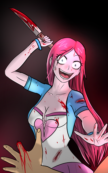 Size: 1200x1920 | Tagged: grimdark, artist:symptom99, derpibooru import, pinkie pie, equestria girls, blood, breasts, cleavage, crazy face, cut, faic, knife, murder, pinkamena diane pie