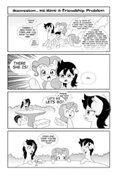 Size: 2107x3160 | Tagged: safe, artist:anonymous, derpibooru import, seven seas, pinkie pie, star dancer, oc, oc:nasapone, pony, my little pony: the manga, /mlp/, black and white, cute, dialogue, drawthread, grayscale, hay, hay bale, manga style, monochrome, style emulation, table