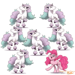 Size: 3000x3000 | Tagged: safe, artist:floofyfoxcomics, derpibooru import, pinkie pie, earth pony, galarian ponyta, pony, ponyta, high res, one of these things is not like the others, pokémon, simple background, transparent background