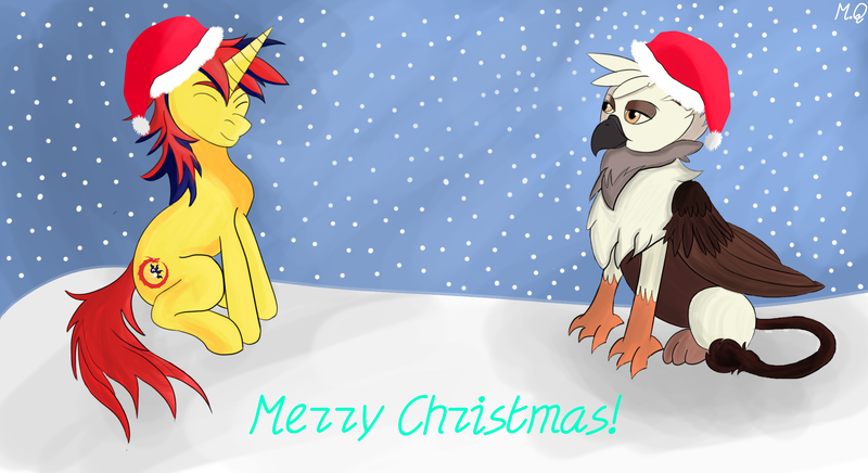 Size: 1980x1080 | Tagged: safe, artist:markipoon, derpibooru import, oc, oc:erichvontalonitz, oc:sunrise moonshadow, gryphon, unicorn, christmas, duo, hat, holiday, santa hat, snow, snowfall