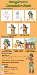 Size: 5000x10000 | Tagged: safe, artist:mkogwheel, derpibooru import, applejack, fresh coat, earth pony, human, pony, unicorn, advertisement, apron, backwards ballcap, baseball cap, candle, cap, clothes, commission info, converse, fence, floppy ears, hat, humanized, ink, lightbulb, mouth hold, paint can, paint on fur, paintbrush, shoes, waving