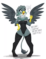 Size: 1500x1893 | Tagged: safe, artist:flutterthrash, derpibooru import, gabby, anthro, gryphon, bare shoulders, chest fluff, clothes, cute, dialogue, female, fishnets, gabbybetes, leotard, open mouth, simple background, socks, solo, spread wings, stockings, strapless, thigh highs, white background, wings