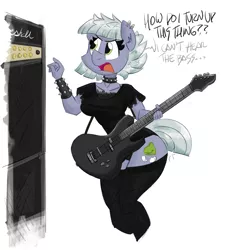 Size: 1200x1335 | Tagged: anthro, artist:flutterthrash, black underwear, bracelet, choker, clothes, derpibooru import, dialogue, ear fluff, ear piercing, electric guitar, female, fishnets, guitar, limestone pie, musical instrument, open mouth, panties, piercing, safe, simple background, solo, spiked choker, spiked wristband, underwear, white background, wristband