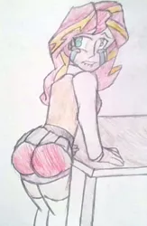 Size: 700x1071 | Tagged: suggestive, artist:midday sun, derpibooru import, sunset shimmer, human, equestria girls, abuse, bend over, bent over, bent over desk, clothes, commission, crying, dress shirt, female, image, jpeg, lip bite, panties, panties around legs, panties pulled down, panty pull, pleated skirt, punishment, school uniform, shimmerbuse, shirt, skirt, skirt lift, skirt pull, socks, solo, solo female, spank mark, spanked, spanking, stockings, tears of pain, thigh highs, traditional art, underwear, vest