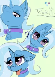 Size: 1240x1754 | Tagged: safe, artist:llametsul, derpibooru import, trixie, pony, unicorn, bust, chest fluff, collar, ear fluff, looking at you, looking down, looking down at you, looking up, question mark, simple background, solo, tongue out