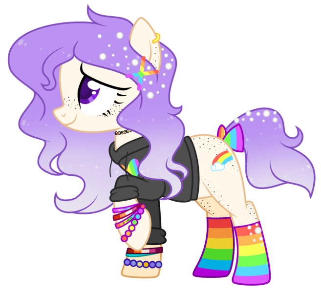 Size: 2488x2272 | Tagged: safe, artist:aestheticallylithi, artist:lazuli, derpibooru import, oc, oc:maxie (ice1517), unofficial characters only, earth pony, pony, base used, bow, bracelet, choker, clothes, ear piercing, earring, female, freckles, gay pride, hairclip, high res, hoodie, jewelry, lesbian pride flag, mare, piercing, pride, pride flag, rainbow socks, raised hoof, simple background, socks, solo, striped socks, tail bow, transparent background, watermark, wristband