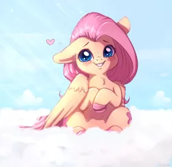 Size: 3170x3069 | Tagged: safe, artist:miokomata, derpibooru import, fluttershy, pegasus, pony, blushing, chest fluff, cloud, colored hooves, crepuscular rays, cute, ear down, ear fluff, female, heart, high res, leg fluff, mare, on a cloud, shyabetes, sitting, sky, smiling, solo