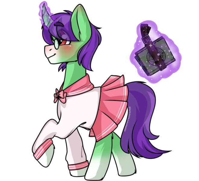 Size: 1100x1000 | Tagged: safe, artist:cottonsweets, derpibooru import, oc, oc:crescent star, unofficial characters only, crystal pony, pony, unicorn, blushing, book, clothes, crossdressing, crystal unicorn, glasses, happy, magic, male, sailor uniform, schoolgirl, simple background, sissy, solo, transparent background, uniform, walking