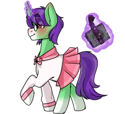 Size: 1100x1000 | Tagged: safe, artist:cottonsweets, derpibooru import, oc, oc:crescent star, unofficial characters only, crystal pony, pony, unicorn, blushing, book, clothes, crossdressing, crystal unicorn, glasses, happy, magic, male, sailor uniform, schoolgirl, simple background, sissy, solo, transparent background, uniform, walking