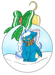 Size: 674x908 | Tagged: adorabelle, adorable face, alicorn, alicorn oc, artist:mitsuyotsukaze, bauble, bow, clothes, cute, derpibooru import, female, hair bow, horn, mare, oc, oc:fleurbelle, ornament, ribbon, safe, scarf, simple background, snow, solo, transparent background, unofficial characters only, wings, yellow eyes
