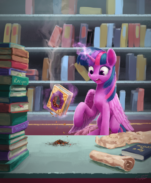 Size: 960x1165 | Tagged: safe, artist:smg11-on-ddjrb, derpibooru import, twilight sparkle, twilight sparkle (alicorn), alicorn, pony, the crystalling, ash, book, bookshelf, crystal empire, destroyed book, female, glowing horn, hole, horn, magic, open mouth, scene interpretation, scroll, solo, telekinesis