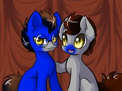 Size: 1143x857 | Tagged: artist needed, safe, artist:sapphfyr, derpibooru import, oc, oc:ennex, oc:random action, unofficial characters only, earth pony, pony, brothers, duo, glasses, male, siblings, stallion, twins