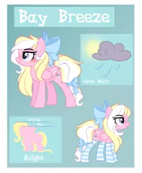 Size: 3349x4094 | Tagged: safe, artist:emberslament, derpibooru import, oc, oc:bay breeze, unofficial characters only, pegasus, pony, blushing, bow, clothes, cute, female, hair bow, mare, reference sheet, socks, striped socks, tail bow, text