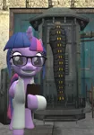 Size: 735x1046 | Tagged: artist needed, source needed, suggestive, deleted from derpibooru, derpibooru import, twilight sparkle, twilight sparkle (alicorn), alicorn, pony, 3d, bondage, clothes, collar, glasses, gmod, lab coat, science fiction, scientist, securu sack, sleepsack, story included