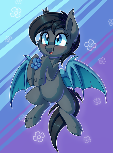 Size: 1827x2463 | Tagged: safe, artist:thegamblehorse, deleted from derpibooru, derpibooru import, oc, oc:seachell, unofficial characters only, bat pony, pony, blue eyes, blue wings, cute, cute little fangs, fangs, female, flower, mare, ocbetes, unshorn fetlocks