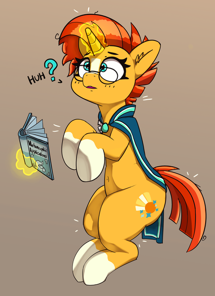 Size: 2388x3289 | Tagged: safe, artist:pabbley, derpibooru import, sunburst, pony, unicorn, belly button, book, ear fluff, female, glasses, glowing horn, horn, huh, implied transformation, implied transgender transformation, levitation, magic, mare, open mouth, question mark, rule 63, solo, spellbook, sunstone (g4 r63 sunburst), telekinesis