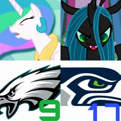 Size: 2289x2289 | Tagged: a canterlot wedding, alicorn, american football, changeling, derpibooru import, edit, edited screencap, knocked out, nfc wildcard round, nfl, nfl playoffs, nfl wildcard round, philadelphia eagles, princess celestia, queen chrysalis, safe, screencap, seattle seahawks, sports