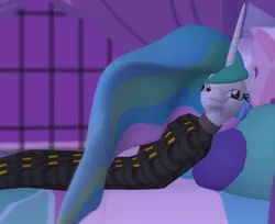 Size: 965x788 | Tagged: 3d, anthro, artist needed, bed, bedroom, bedroom eyes, bondage, canterlot castle, derpibooru import, gmod, looking at you, lying down, princess celestia, securu sack, sleepsack, smiling, solo, source needed, suggestive